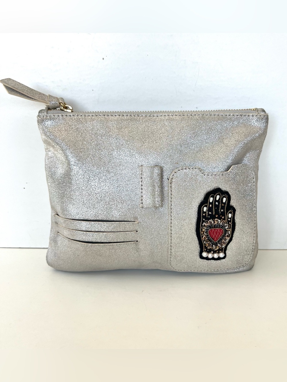 ANTHROPOLOGIE Shimmer Faux Leather Hamsa Charm Pouch Makeup Bag Cosmetic Bag